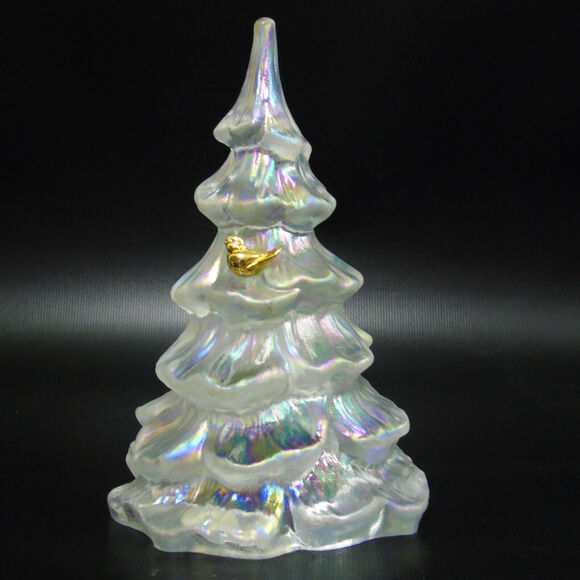 Fenton Glass Christmas Tree Figurine 6.5" Large White Iridescent Gold Bird Vtg - Picture 8 of 8